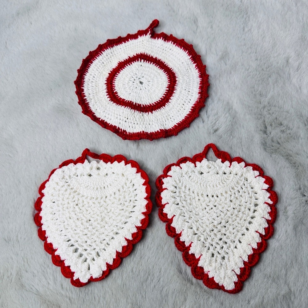 Vintage Crochet Doilies Handmade Crochet Doilies Lot of 3 Red White Handmade
